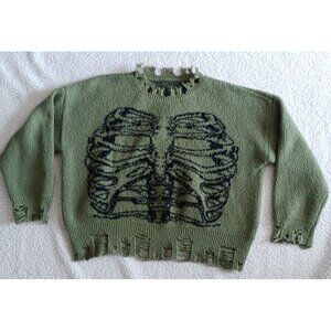 Romwe Green Goth Knit Sweater Skeleton Rib Cage Distressed Halloween Size M